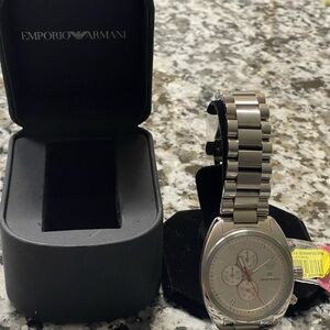 Emporio Armani Men's Silver-Tone Stainless Steel Chronograph with Red Accents